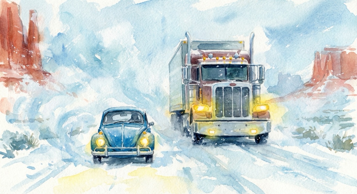 Watercolor of a VW Beetle in a snowstorm